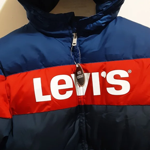 Levi's Big Boy Puffer Jacket With Hood LOGO In Front L 12-13 Years Navy Red New.